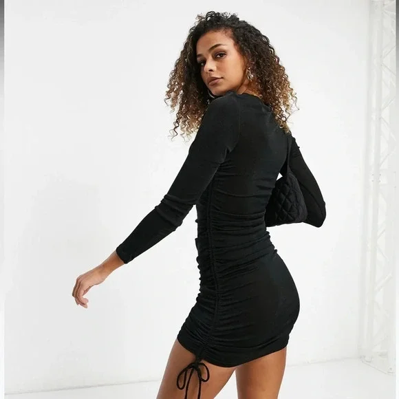 Lioness Black Stretchy Ruched Side Long Sleeve Black Dress Medium - Picture 6 of 10